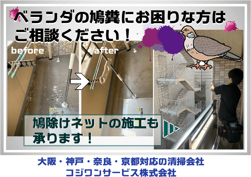 賃貸マンション アパートのベランダの鳩糞被害はどうすればいいの ハウスクリーニング専門店 大阪のコジワンサービス 株